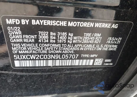 2022 BMW X7 xDrive40I z USA, uszkodzony, nr VIN 5UXCW2C03N9L05707